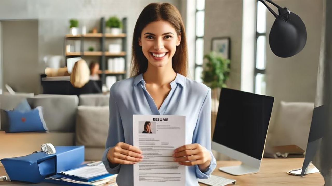 Auxiliar de escritório com currículo na mão feliz após contratação