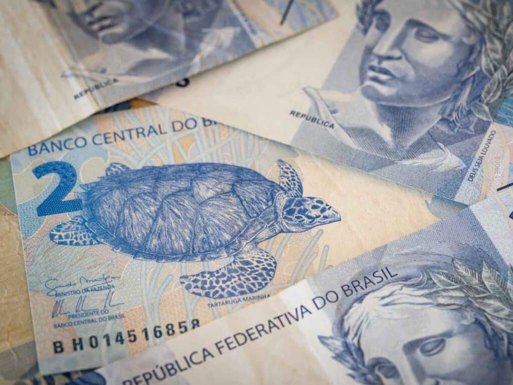 Cédulas de dois reais em destaque com imagem da tartaruga-marinha, símbolo da nota, representando o real brasileiro.