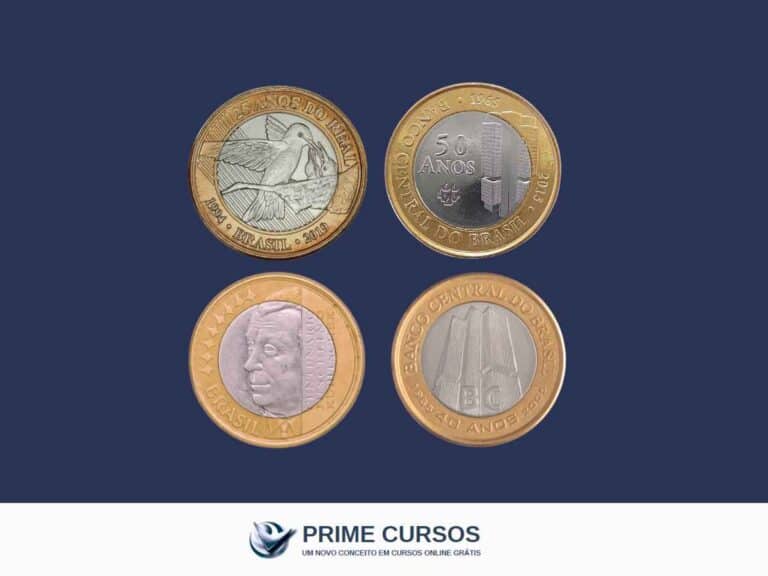 Conjunto de quatro moedas comemorativas brasileiras de 1 real em fundo azul, incluindo edições especiais como 25 anos do Real, 50 anos do Banco Central, efígie de Juscelino Kubitschek e 40 anos do Banco Central.