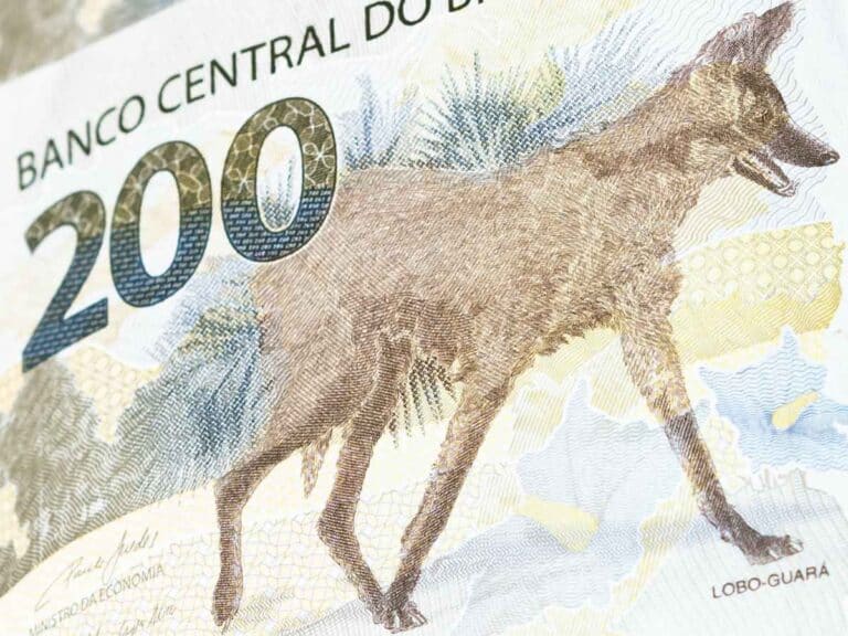 Nota de 200 reais em destaque mostrando a ilustração do lobo-guará e o valor impresso.