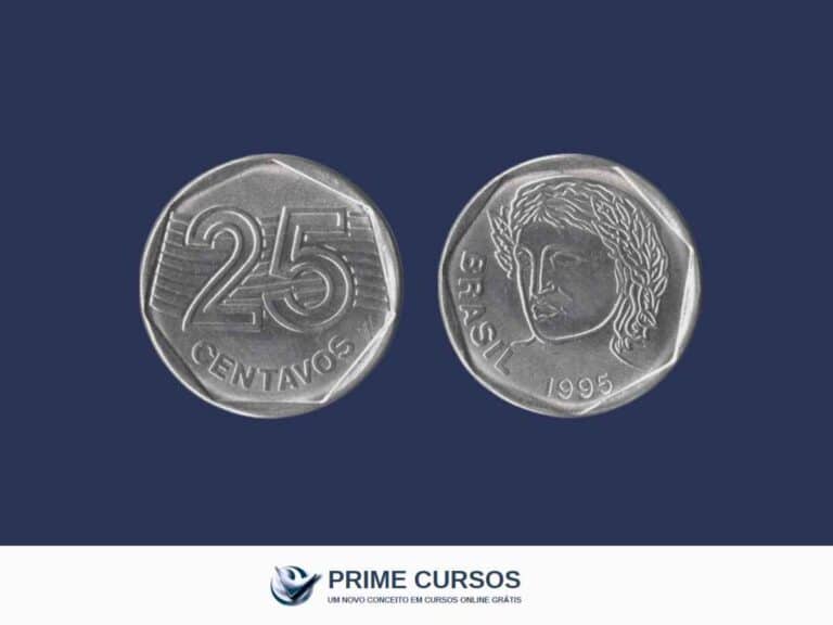 Exemplar de moeda de 25 centavos, frente e verso.