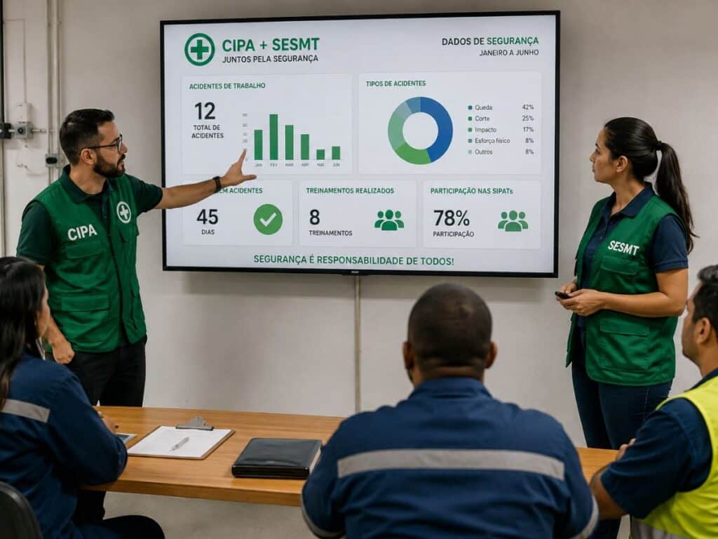 Profissionais da CIPA e do SESMT apresentam dados de segurança do trabalho para colaboradores durante reunião