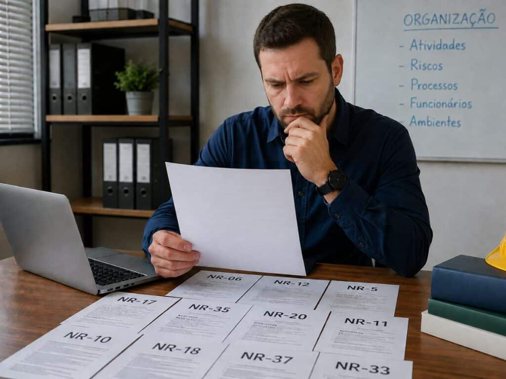 Especialista SST lendo as normas regulamentadoras para saber qual irá se aplicar na empresa.