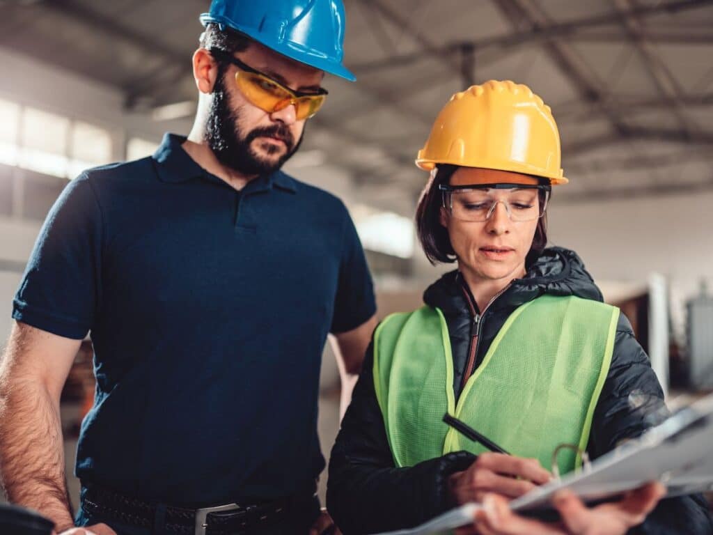 Fiscal de segurança do trabalho acompanha profissional durante inspeção em ambiente industrial