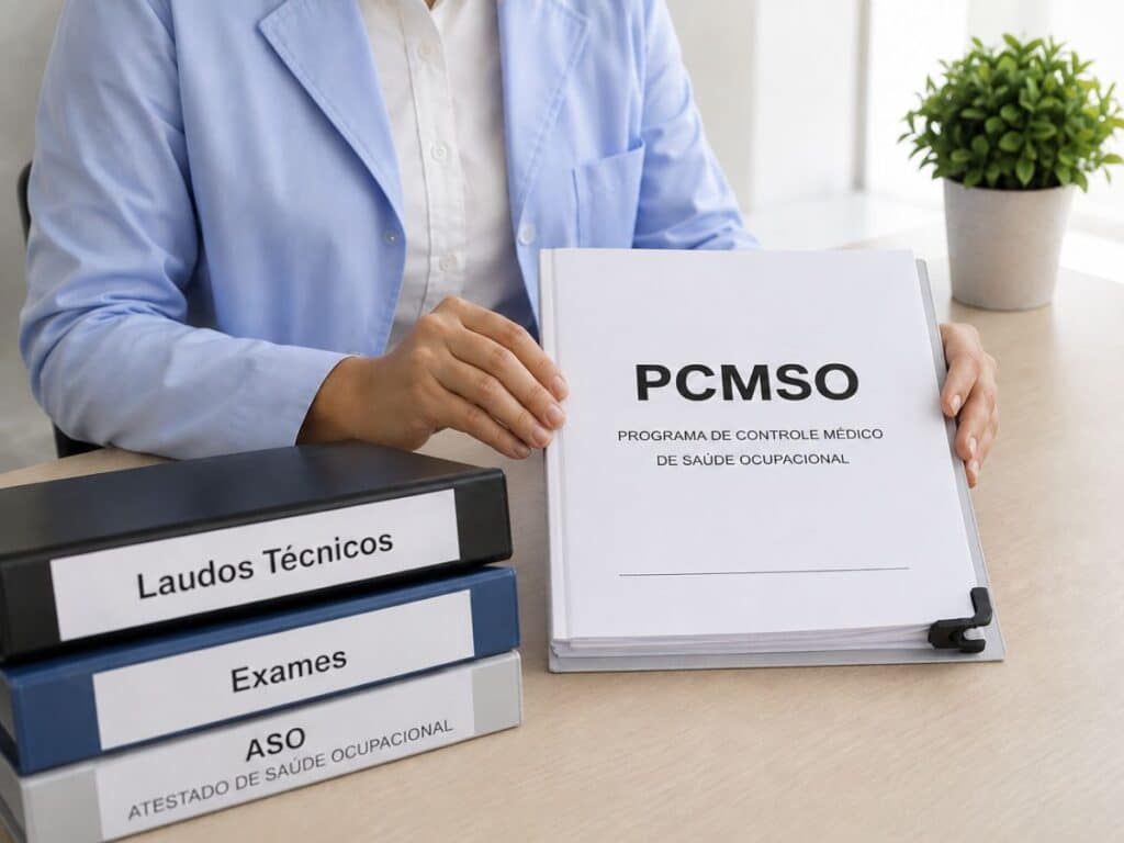 Pessoa segurando arquivos do pcmso.