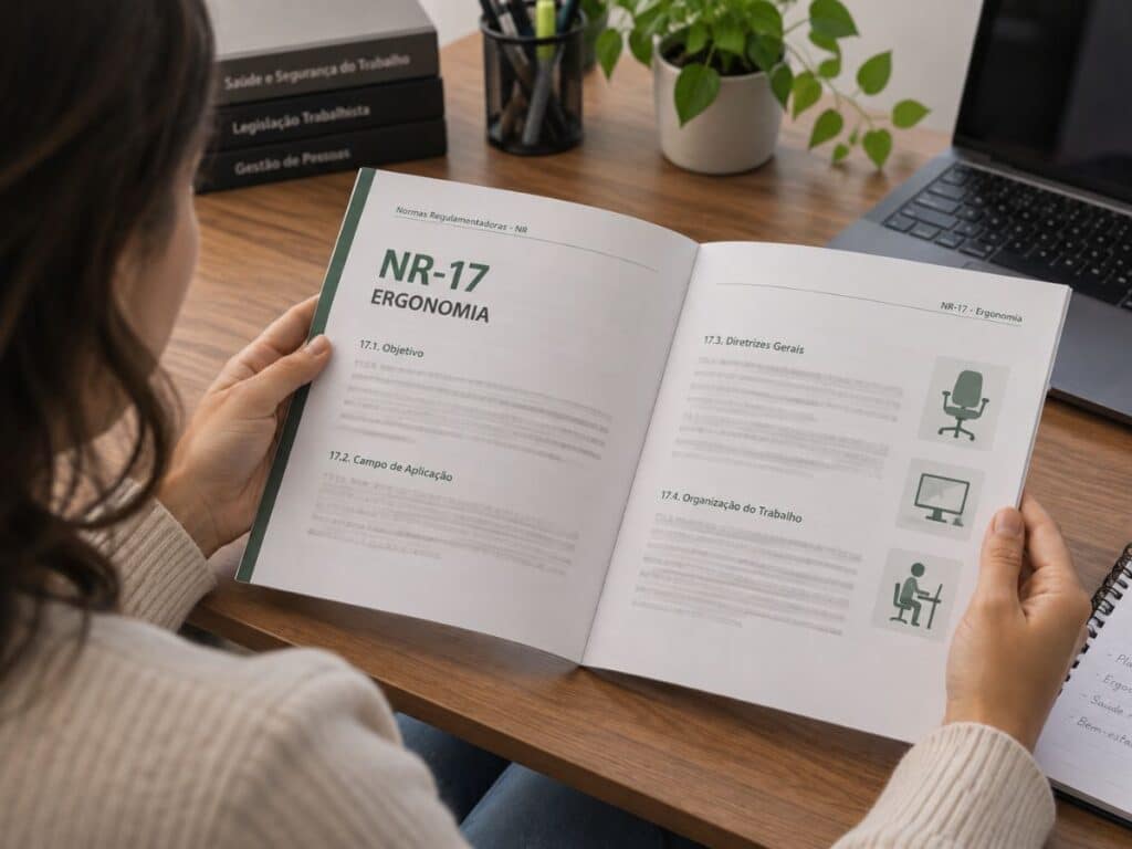 Mulher, provavelmente responsável SST de uma empresa, lendo a nr-17
